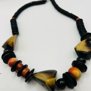 Vintage Tribal Boho Necklace Black Disc Beads Horn Style